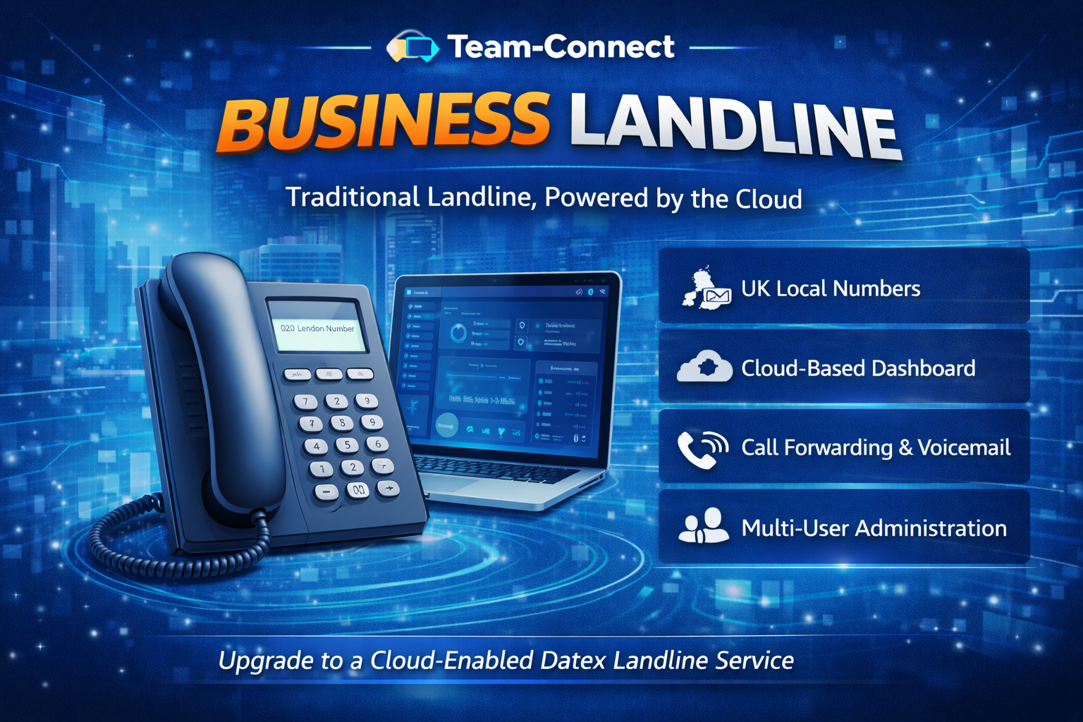 Team-Connect Business Landline interface showing virtual business landline on smartphone and laptop, with features like mobile apps, instant UK numbers, call forwarding, voicemail, and simultaneous ringing.