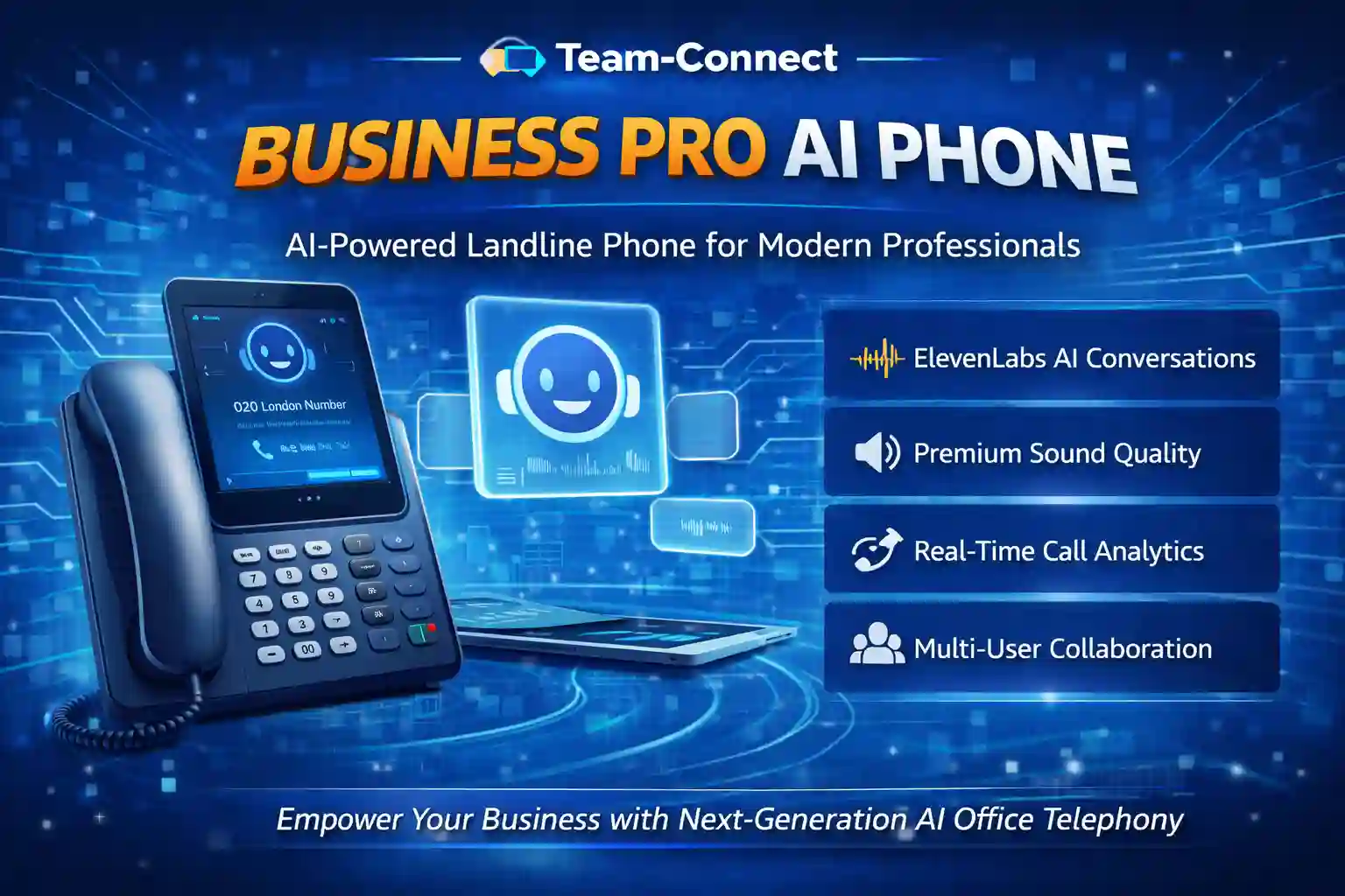 Team-Connect Business Pro AI Landline interface showing virtual business landline on smartphone and laptop, with features like mobile apps, instant UK numbers, call forwarding, voicemail, and simultaneous ringing.