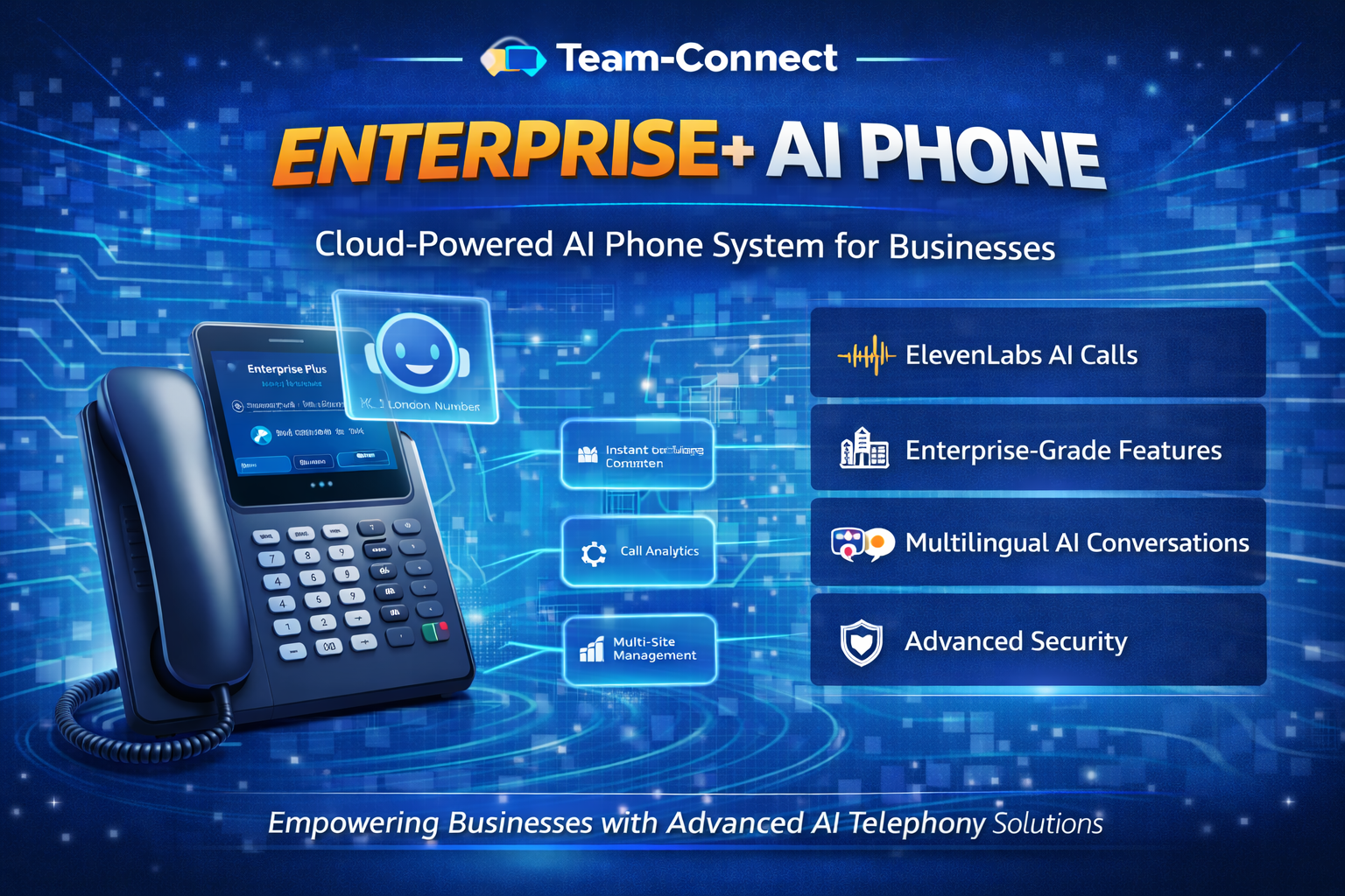 Team-Connect Enterprise+ AI Phone system showing a modern business phone with AI voice assistant, multilingual call handling, real-time analytics, and enterprise-grade security.