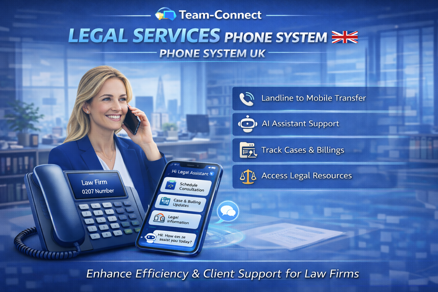 Team-Connect Legal Services phone solution graphic showing legal professionals, alongside business phone features like consultation booking, urgent matter handling, and professional legal telephony.