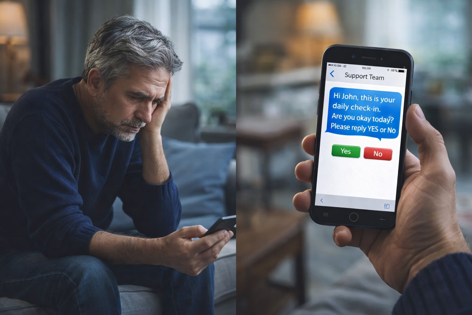 Supported housing welfare check‑in dashboard showing scheduled daily SMS check‑ins, reply logs, and escalation alerts for social care teams.