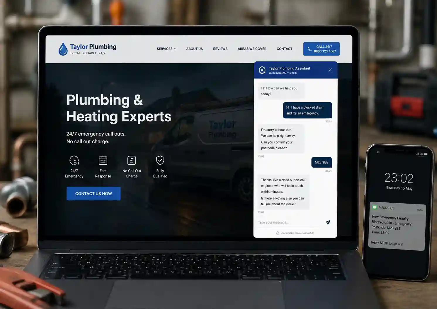 Plumber receiving SMS alerts from website widget