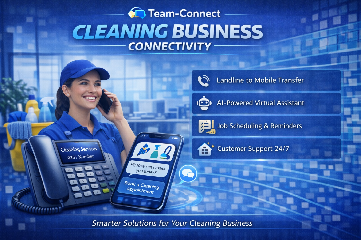 Team-Connect Cleaning Service phone solution graphic showing cleaning professionals, alongside business phone features like booking management, client communication, and professional cleaning telephony.