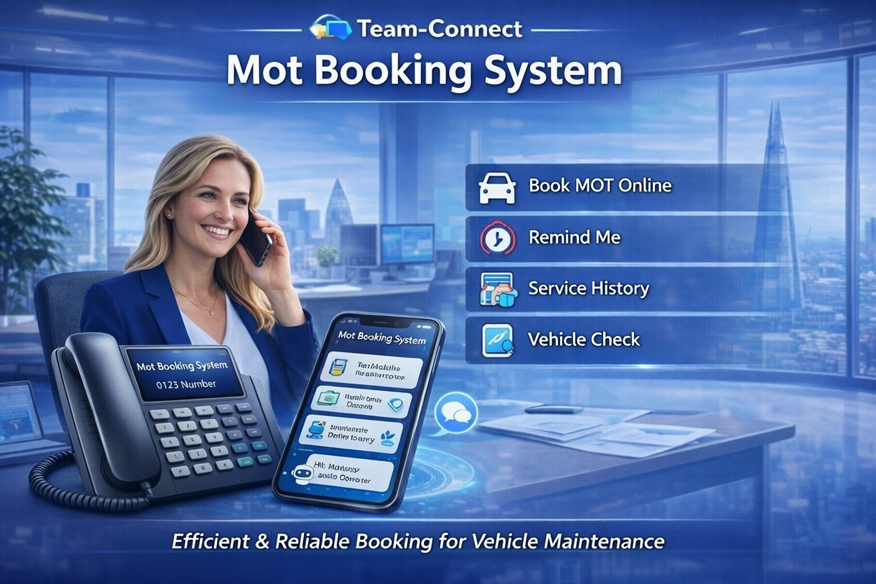 Team-Connect mot phone solution graphic showing car garage and stylists, alongside business phone features like appointment booking, client communication, and professional mot telephony.