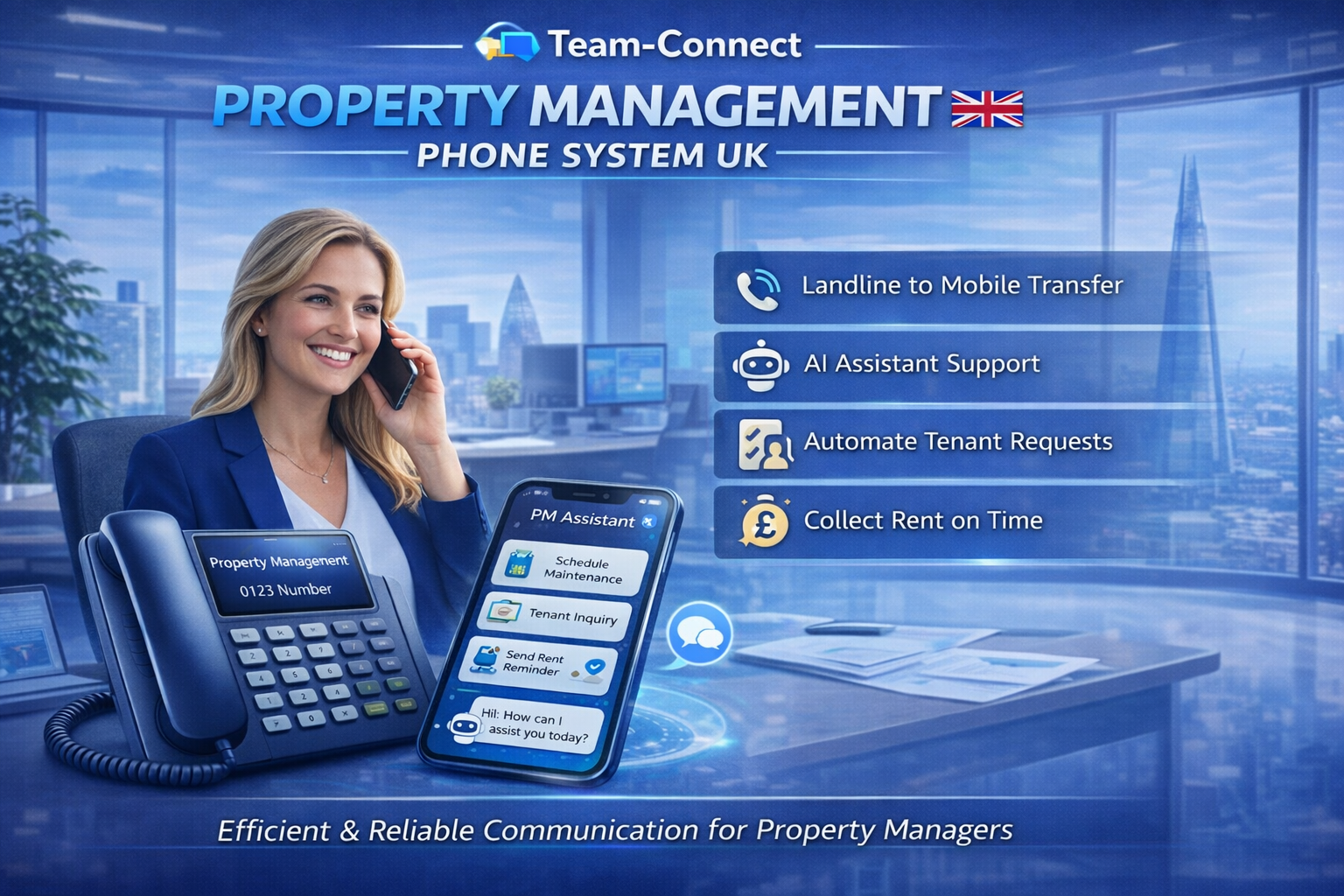 Team-Connect Property Management phone solution graphic showing property professionals, alongside business phone features like viewing bookings, maintenance handling, and professional property telephony.