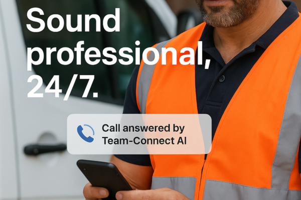 Team-Connect Emergency Trades phone solution graphic showing tradesmen, alongside business phone features like emergency callout handling, job booking, and professional trades telephony.