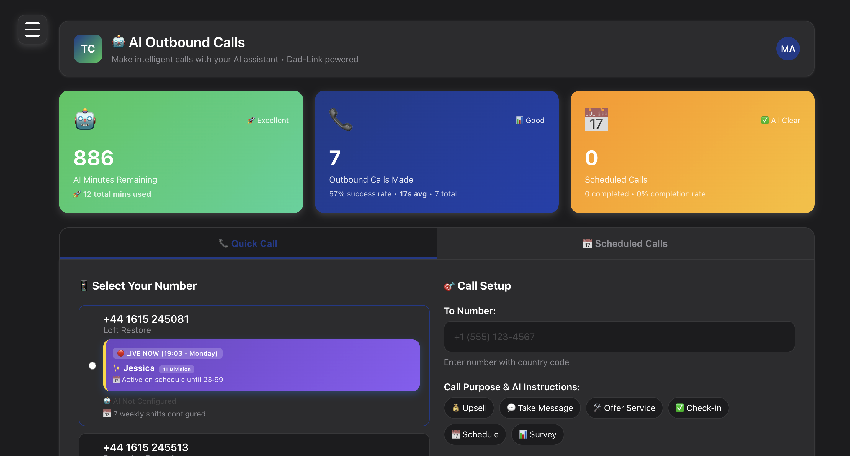 AI outbound calls feature interface for automated customer outreach and follow-ups