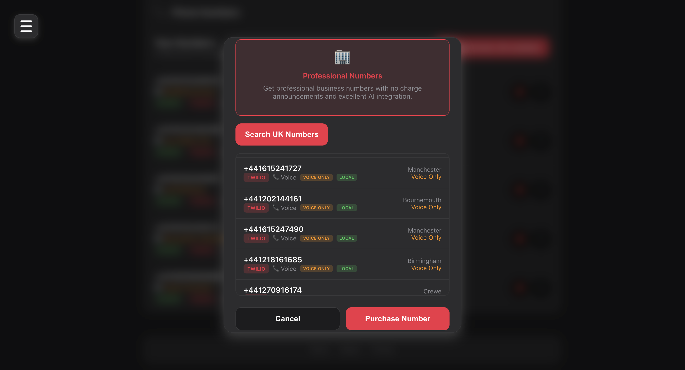 Choose Landline Number interface showing available UK business numbers with location and purchase options