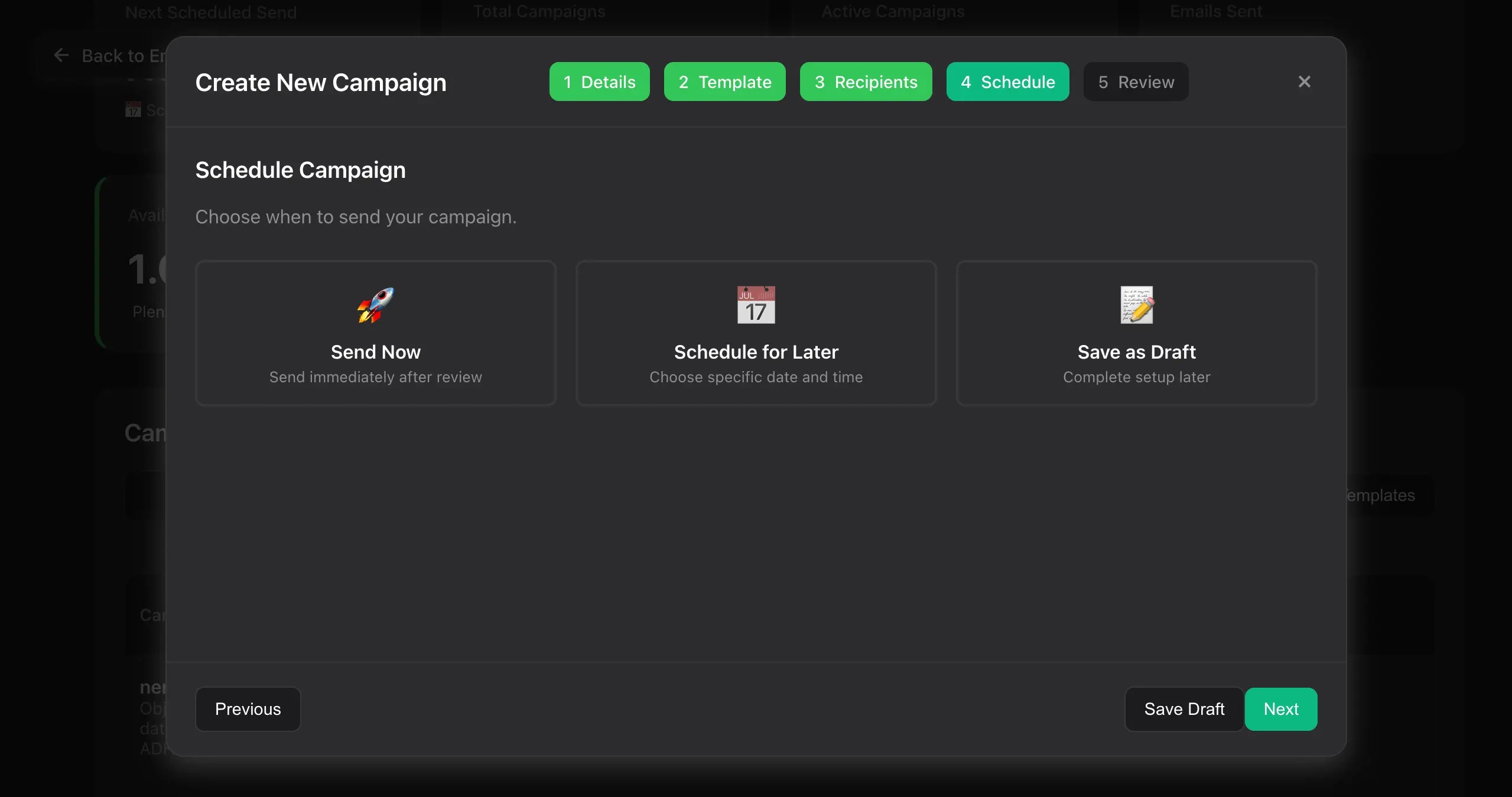 Scheduling an email marketing campaign in Team-Connect — send now, schedule for later, or use AI send-time optimisation to send each subscriber at their personal best time.