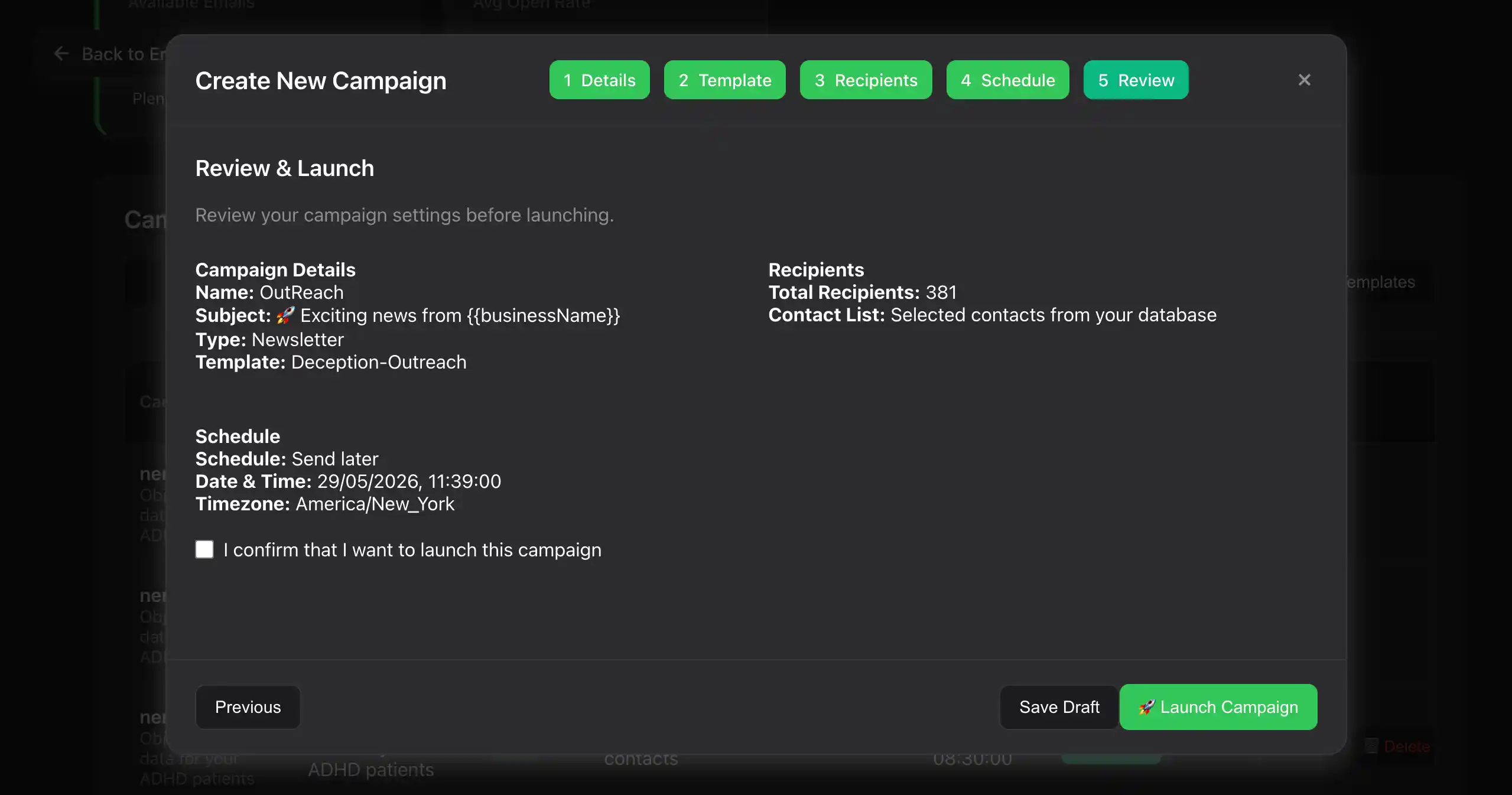 Final pre-send review screen in Team-Connect showing audience size, deduplication count, suppression list, deliverability check and GDPR consent verification before sending the email marketing campaign.