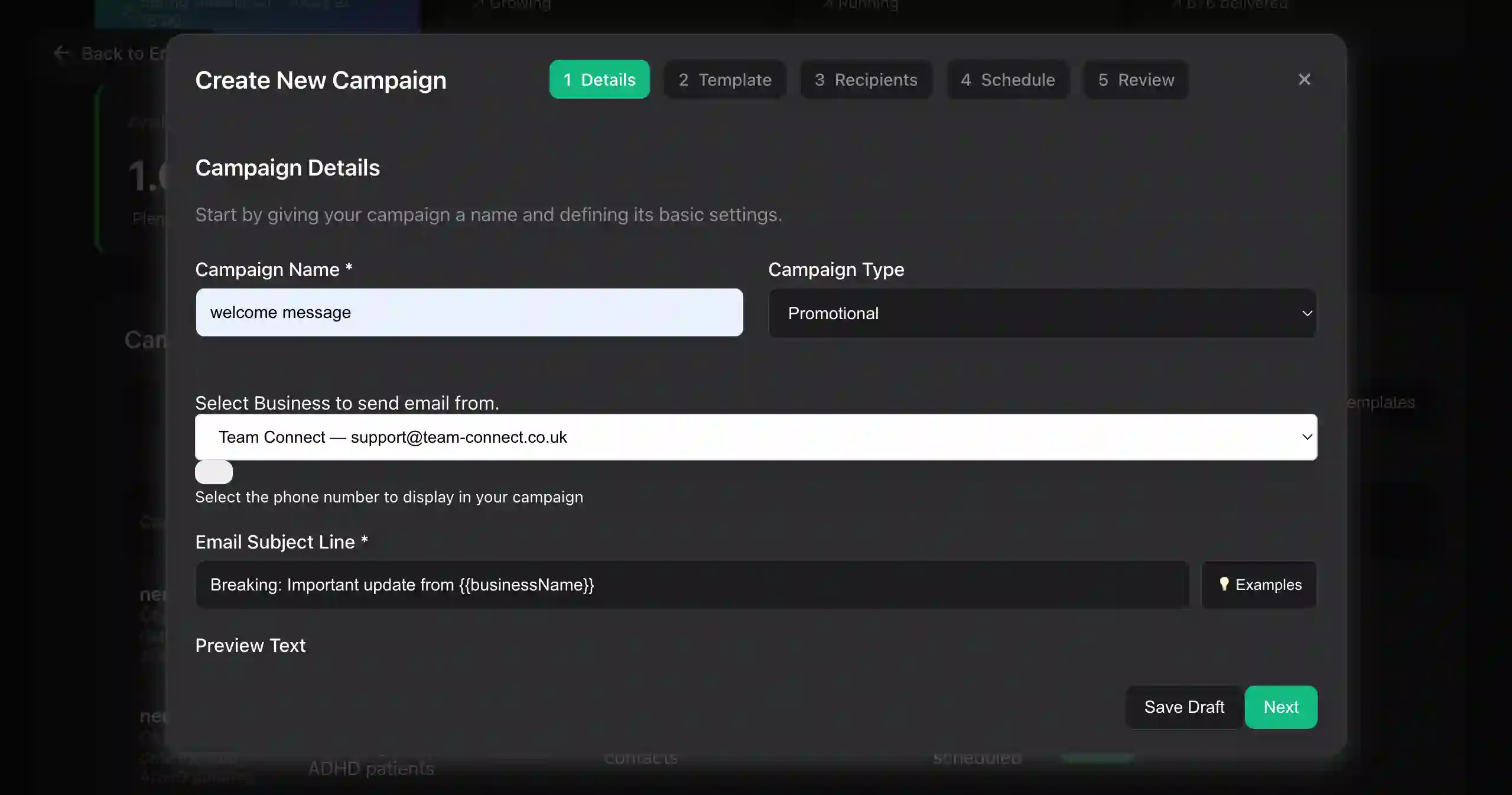 Setting up a new email marketing campaign in Team-Connect — naming the campaign, choosing from name, from address, subject line and preheader.