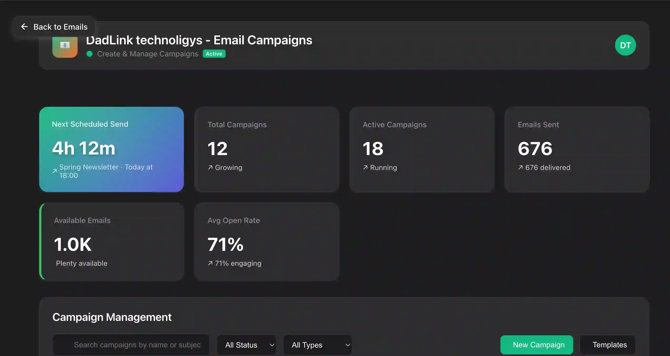 Team-Connect campaigns dashboard listing live, scheduled, draft and sent email marketing campaigns with per-campaign open and click rates.
