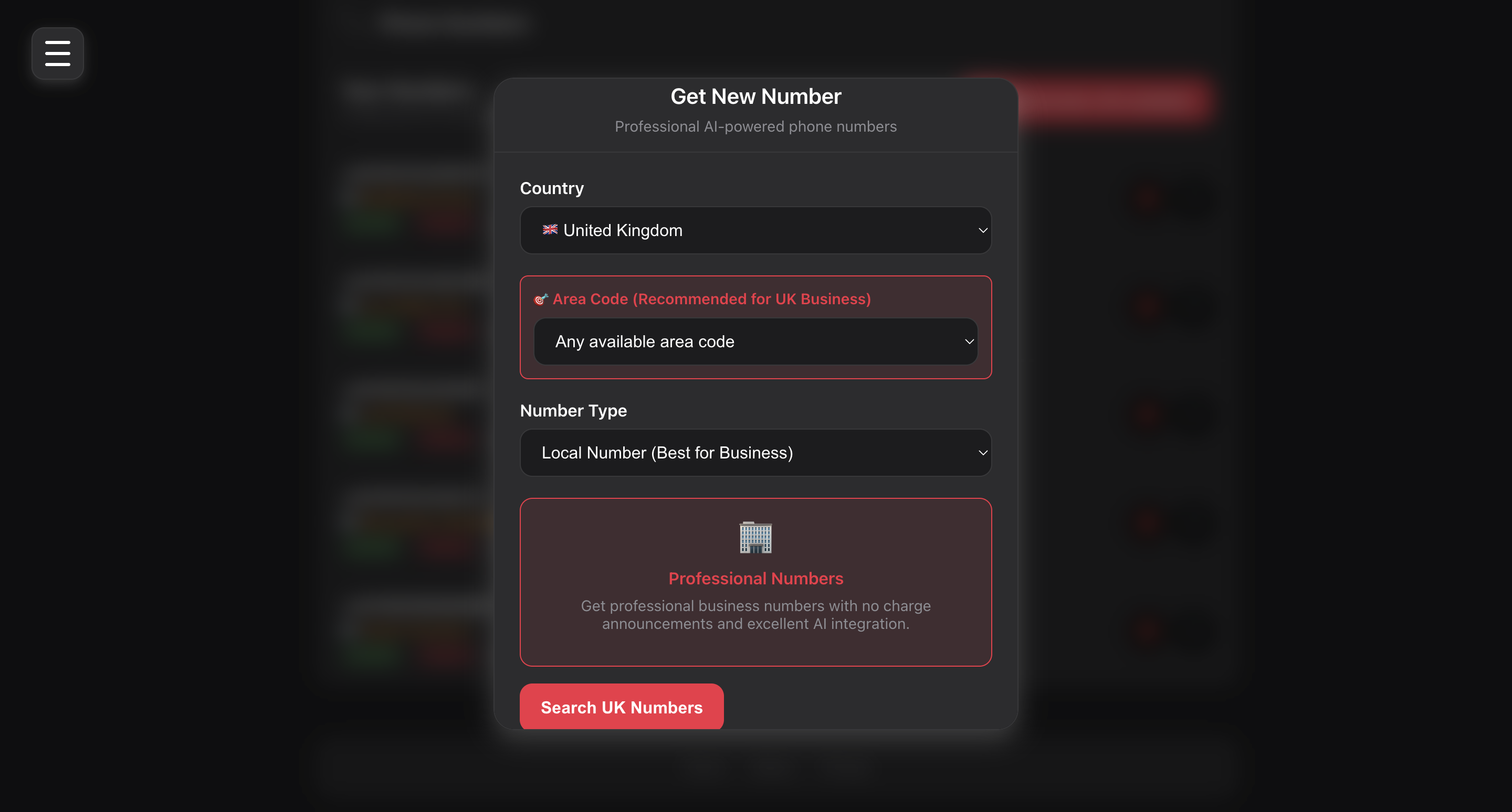 Get New Number interface showing options for UK business phone setup including country, area code, and number type