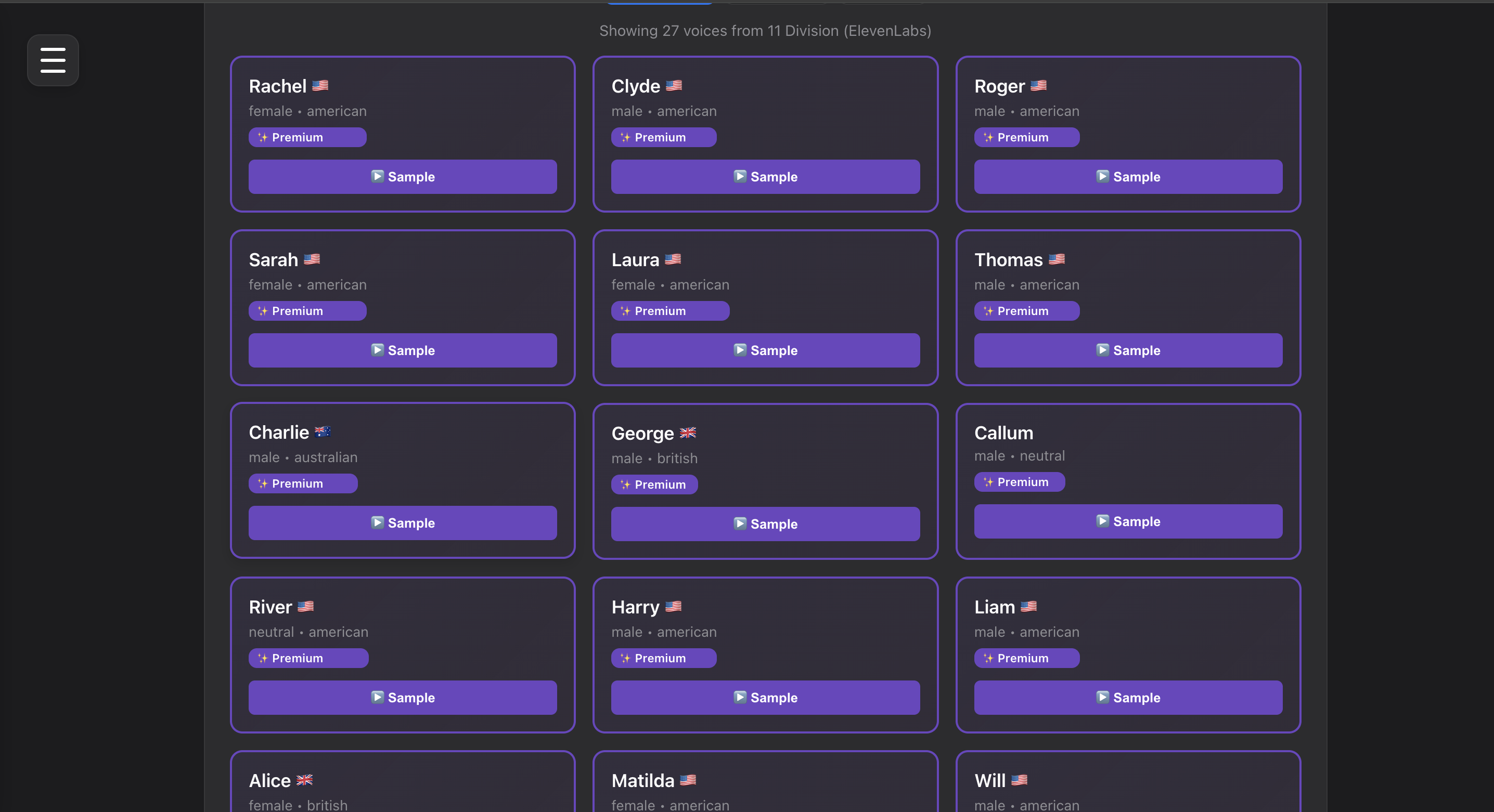 Team Connect AI voice selection interface showing different voice options and customization